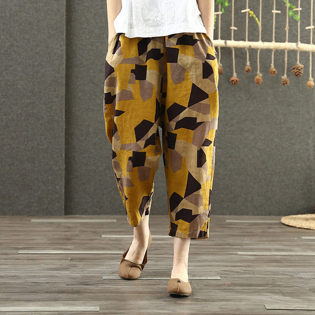 2024 Summer Loose Printed Old Retro Linen Thin Women's Cotton and Linen Nine-Point Harem Pants Women Cropped Pants