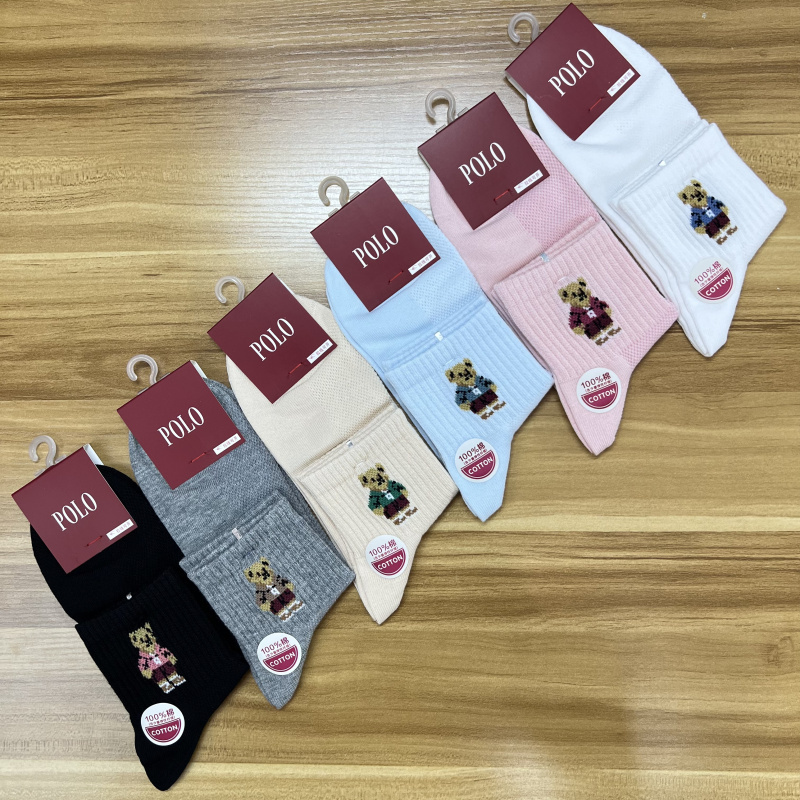 Polo【Authentic】Women's Socks Spring/Summer Bear Pattern All-Cotton Seamless Socks Student Mesh Sweat-Wicking Mid-Waist Short Socks 11011