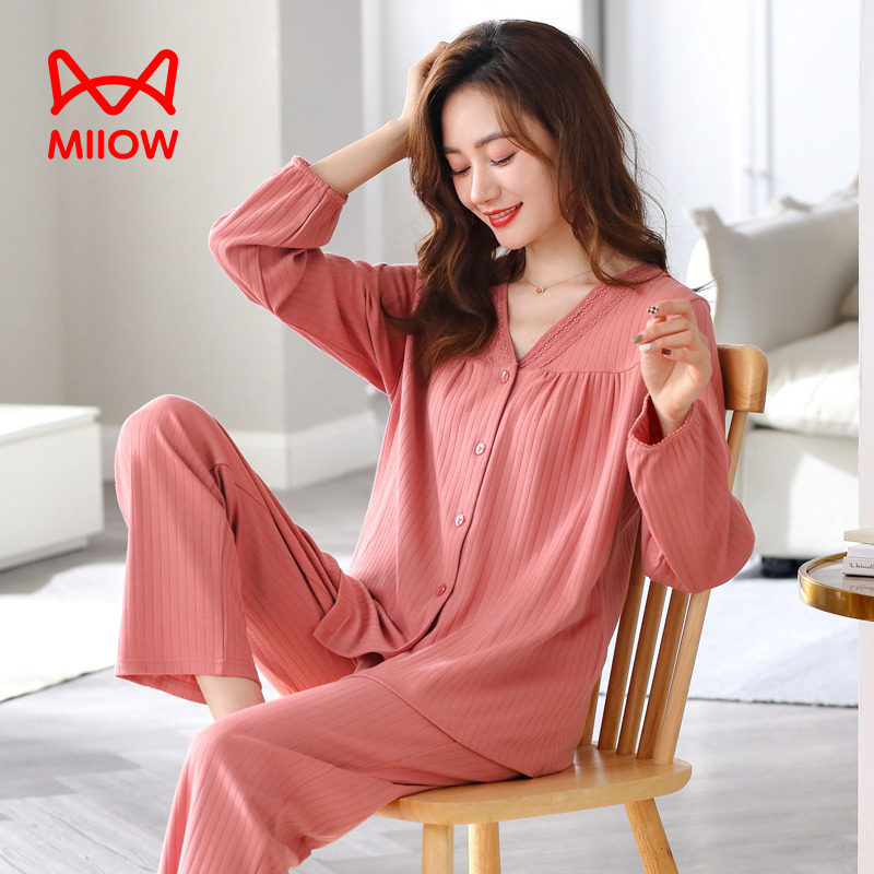 Cat lady Laika cotton pyjamas lady Spring and autumn in pure cotton long sleeves Home Middle-aged Mother Spring Summer Big Code Suit-Taobao