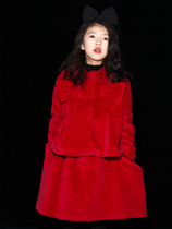 Little Big Planet New Year limited girl foreign style Chinese red corduroy plus velvet big bow annual suit winter