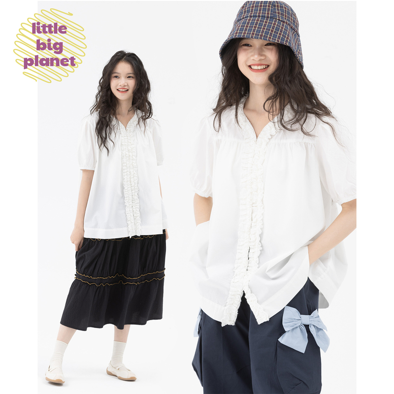 Little Big Planet Children's Clothing Petal Collar Lyocell Fiber Cotton Shirt Summer Versatile Girls' Light Asian Style Top
