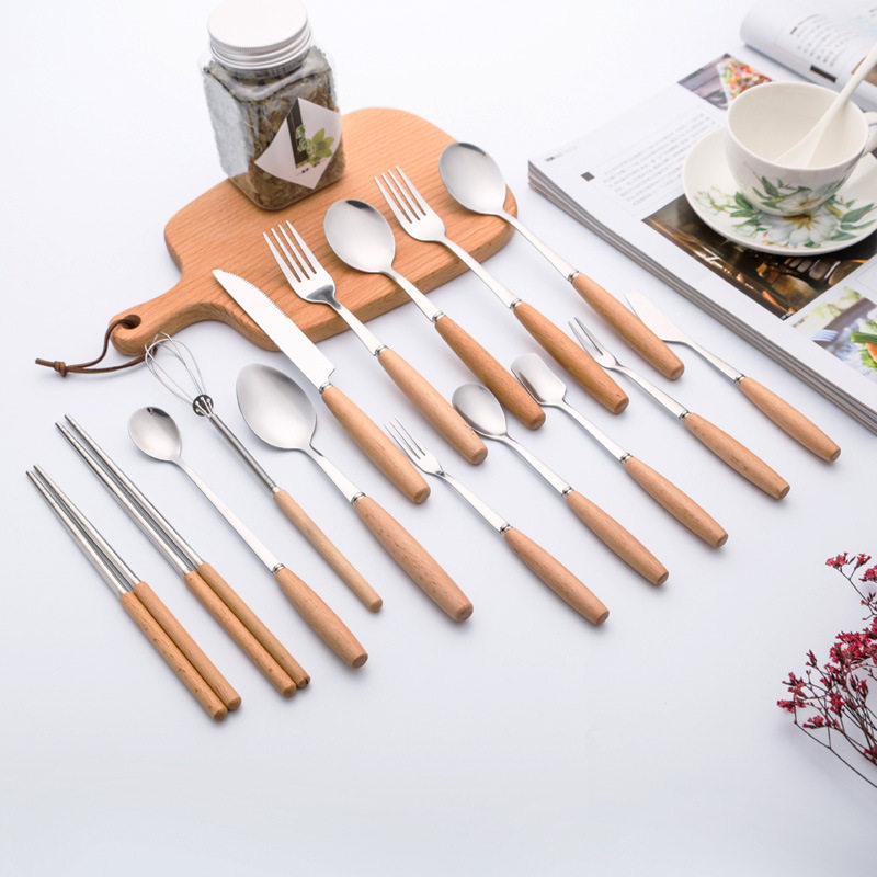 Creative wooden handle stainless steel knife and fork fruit fork Western steak knife and fork spoon tableware Wooden handle soup spoon chopsticks
