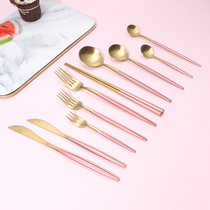 Portuguese European Western tableware 304 stainless steel cherry blossom powder taurus steak knife fork spoon Coffee spoon Dessert fork spoon