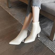  Clearance no return no change white pointed booties high-heeled Martin boots leather nude boots womens spring and autumn boots