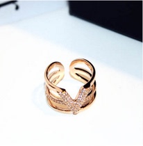 New rose gold multilayer ring full drill letter V Korean version opening ring female ring forefinger Korean ornament