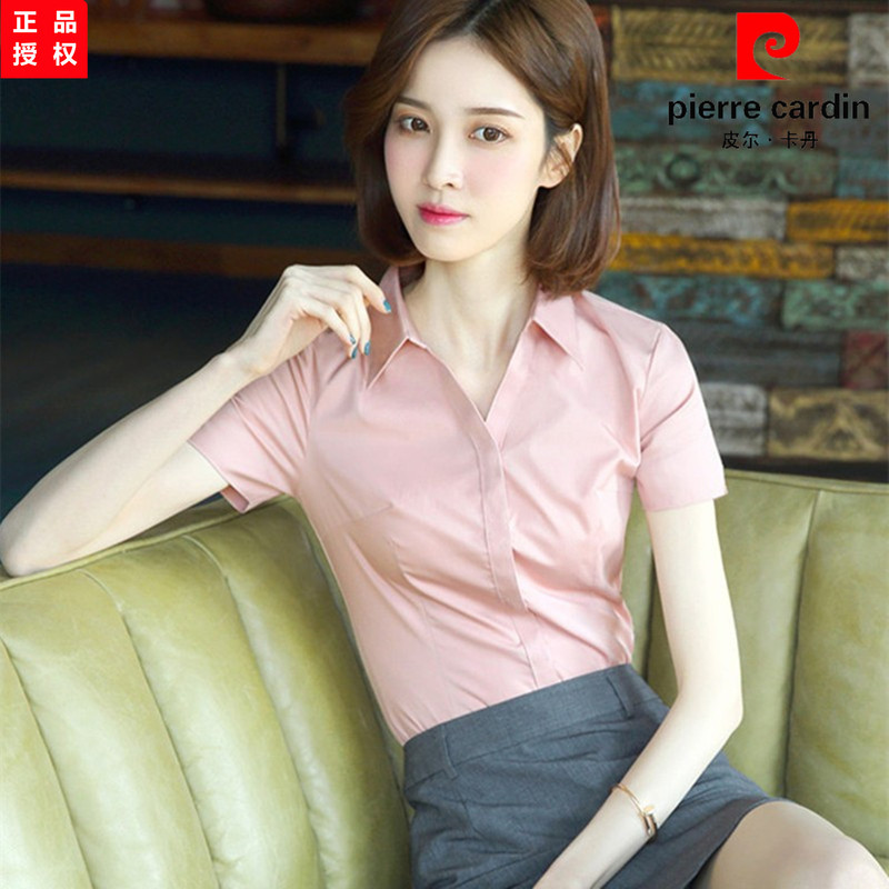 Pierre Cardin Short-Sleeved Pink Shirt for Women, Professional Formal Wear, Summer Thin Style, Elegant Commuter Workwear, V-Neck Shirt