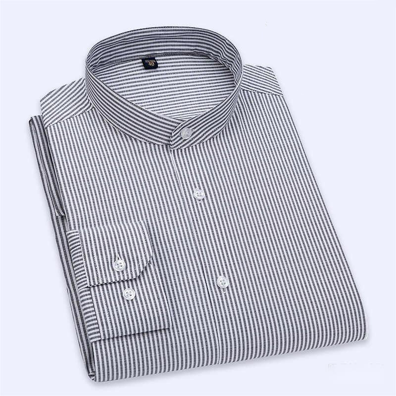 High-End Brand Pure Cotton Comfortable Wrinkle-Resistant Men's Stand-Up Collar Long-Sleeve Shirt Middle-Aged Dad Gray Striped Shirt Round Collar