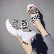 Europe station thick bottom water drill sandals womens outside wearing summer 2022 new slopes heel and semi-tug heightening muffin slippers