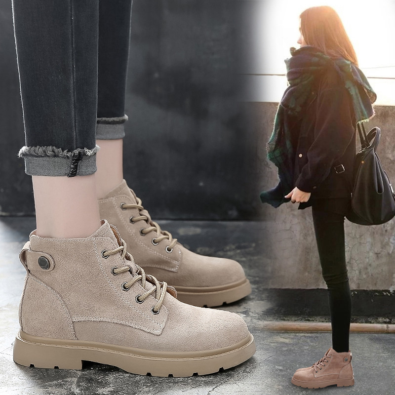 Tide Cards 2022 Autumn Winter New Genuine Leather Short Boots Women Shoes 100 hitch flat bottom Martin boots female Inn wind cotton shoes gush