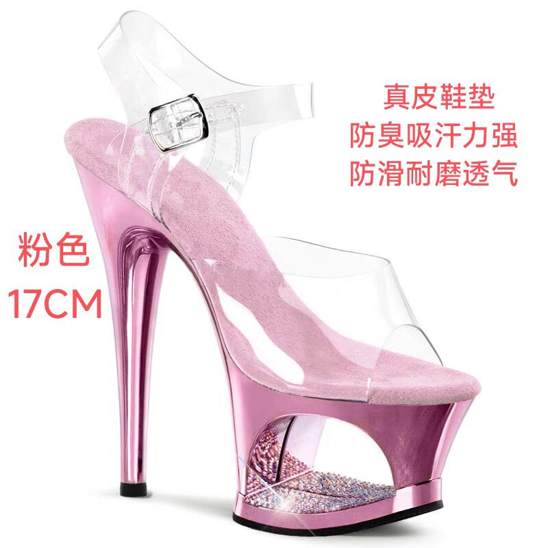 Super High-Heeled Pole Dancing Shoes, Internet Celebrity 17cm Stiletto Heels, Electroplated with Rhinestones, Waterproof Platform, Sexy Sky-High High-Heeled Sandals