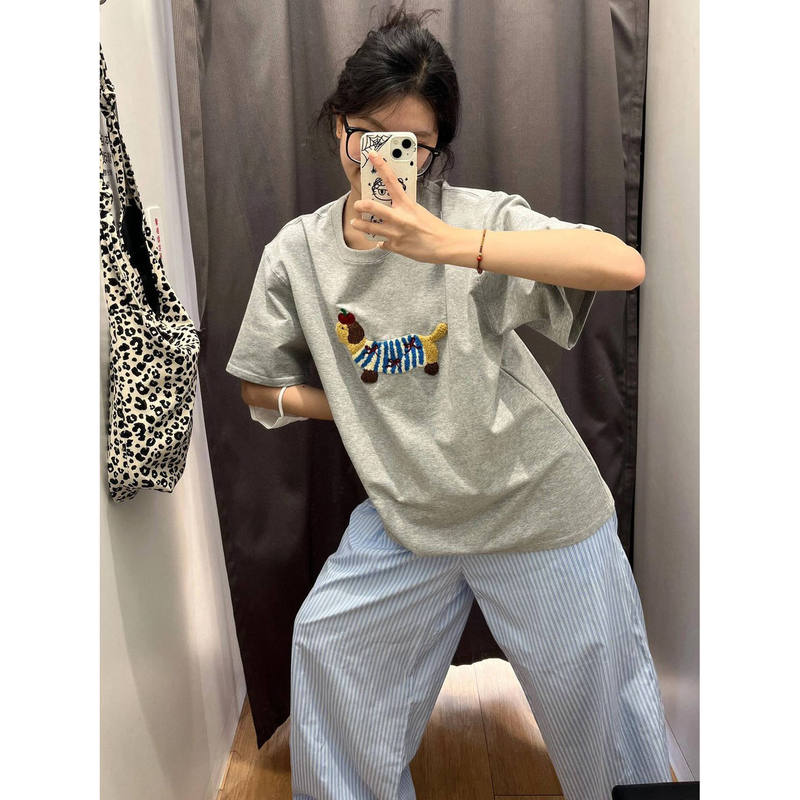 Towel Embroidery Patchwork Dachshund Puppy Short-Sleeve T-Shirt for Women, Summer Loose Heavy-Duty Design, Niche Pure Cotton Top, Trendy
