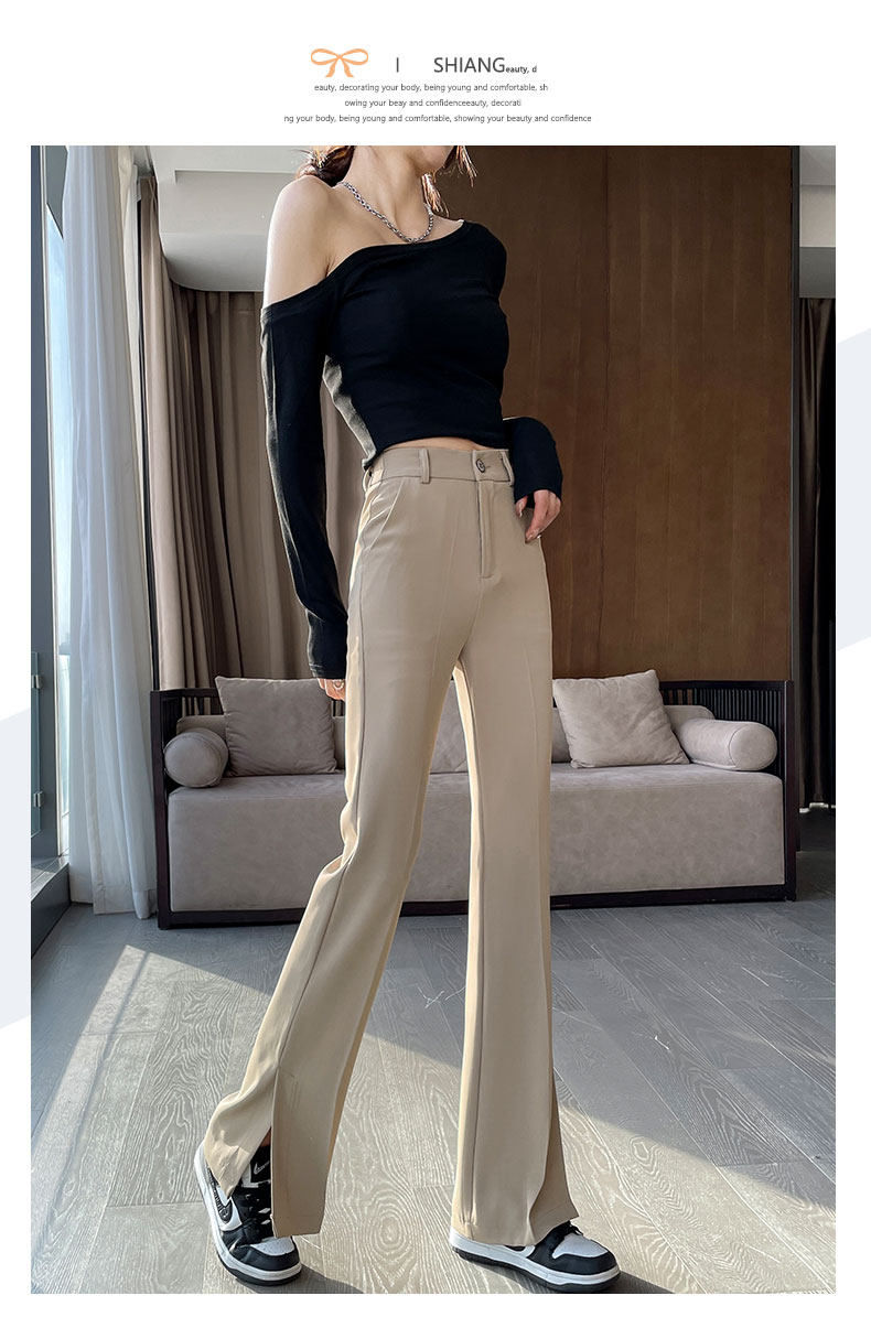 Extended slit slightly flared suit pants for women, high waist, drape, new thin, slimming, ice silk straight wide-leg pants for summer pic 7
