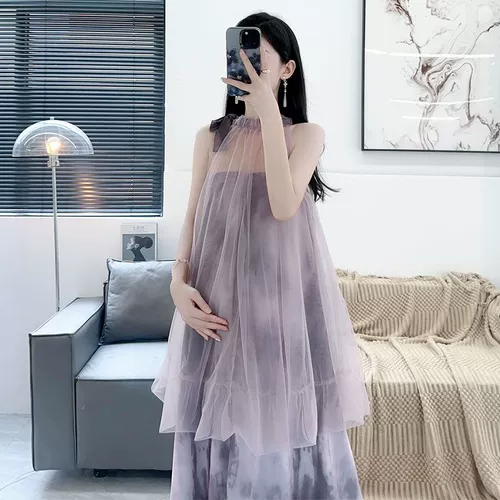 Сиреневая летняя одежда для беременных, юбка, китайский стиль, средней длины, городской стиль, яркий броский стиль