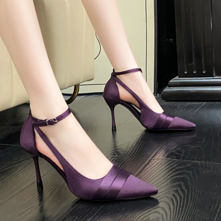 Purple Satin Single Strap Stiletto High Heels for Women, 2025 New Autumn Hollow Single Shoes, Fashionable and Unique Style