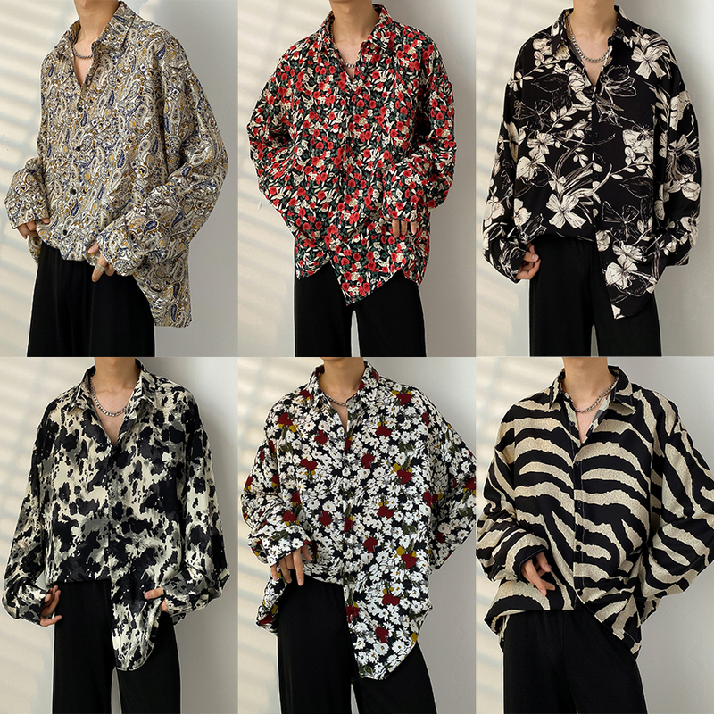 Autumn Trendy Brand ins Retro Cool Long-Sleeve Shirt for Men, Versatile Loose-Fitting Couple Floral Shirt, Hip-Hop Beach Jacket