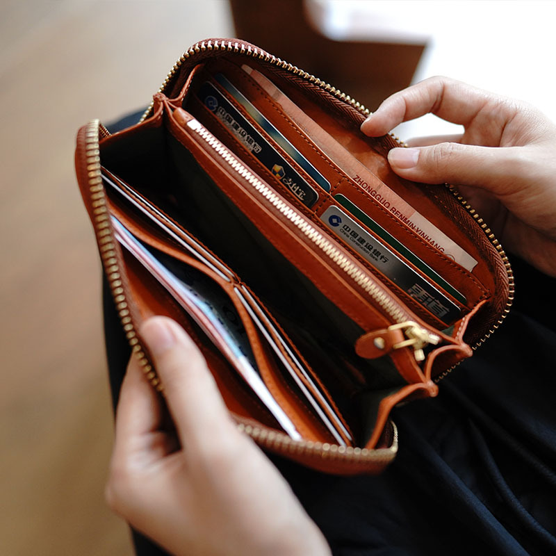 Miss Lu's Vegetable-Tanned Leather Vintage High-End Large-Capacity Long Clutch Wallet for Storing Cell Phones and Bank Cards