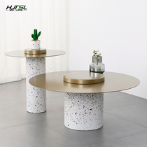 Wabi-sabi style simple round combination tea table light luxury modern creative terrazzo art metal designer side table