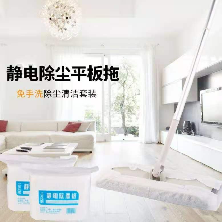 Tiktok-Style Dual-Use Dry and Wet Rotatable Flat Mop with Disposable Mopping Wipes, Electrostatic Dust Removal Dry Wipes
