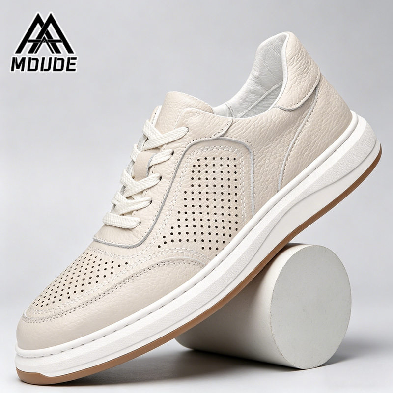 Men's Shoes 2026 Summer New Style Genuine Leather Shoes Men's Hollow Breathable White Shoes Lightweight Men's Sports and Leisure Shoes