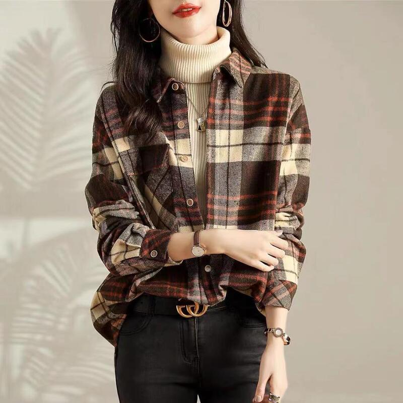 2026 Spring and Autumn New Style Brushed Wool Thickened Shirt for Women, Designer Niche High-End Plaid Base Shirt