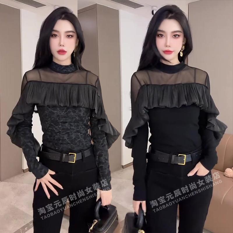 Trendy and Sexy Leopard Print Blouse for Women, European Style, Mesh Patchwork, Ruffled, Slim Fit, Hollow-Out, Stylish Base Shirt