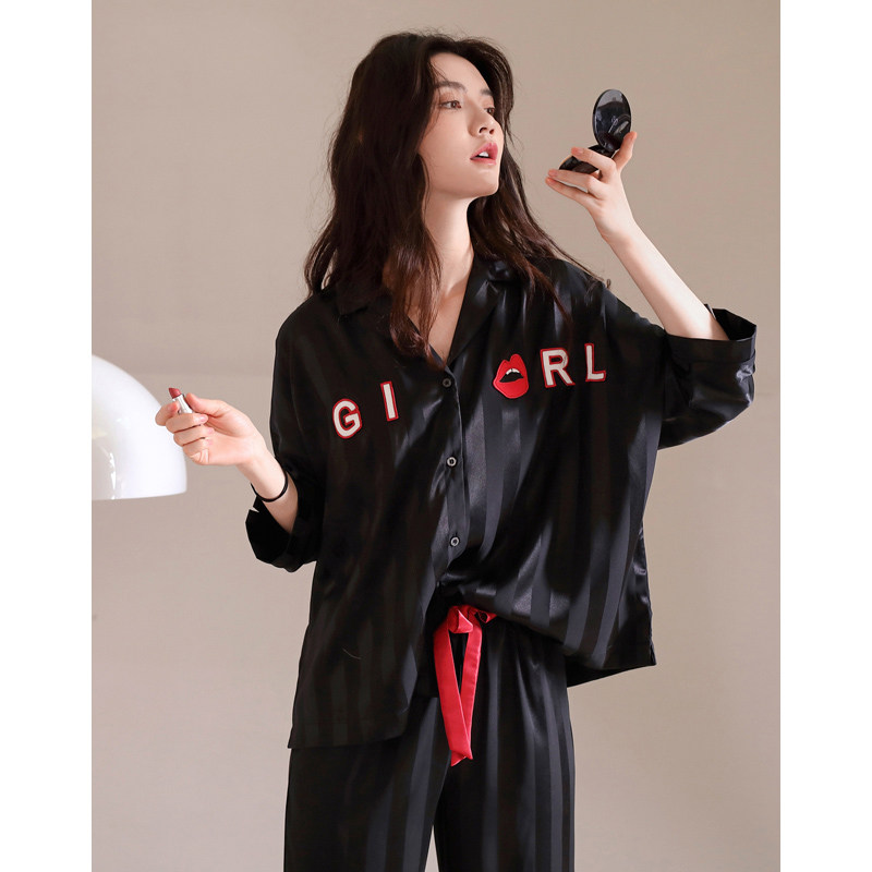 [A D] striped elements fashion classic horizontal vertical all belong to you ~ pyjamas women's spring and autumn season ice silk long sleeve suit