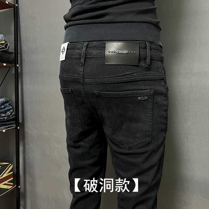 ブラックの破れたジーンズメンズトレンド2025伸縮性のあるスリムフィットウォッシュメンズパンツカジュアル春秋スタイル