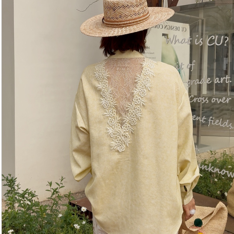 Nxj【Smile and Look Back】Plus Size Southern French Old Money Linen Lace Hollow Out Oversized Shirt for Women 250395