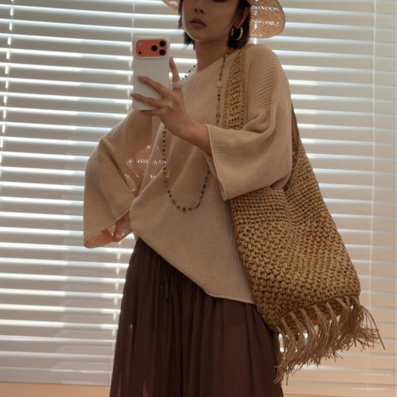 Nxj【Peach Sweetheart】Plus Size, Unconventional Chunky Knit Straw Yarn Round Neck Pullover Blouse for Women 26058
