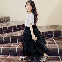 Girls net red suit 2022 new short-sleeved foreign style big childrens skirt summer princess net gauze skirt two-piece set