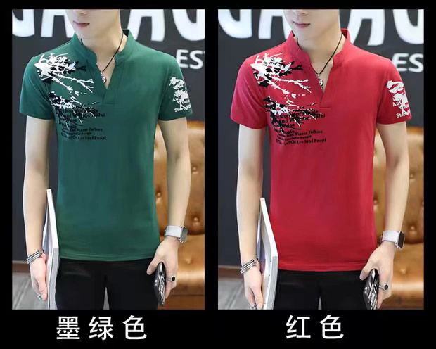 Cotton có áo thun nam tay ngắn hàng đầu Mặt sạch máu mặt áo nhỏ ve áo mùa hè đất ngắn váy đơn V