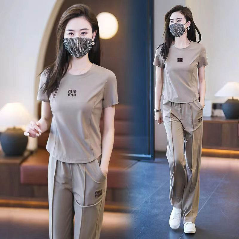 Ice Silk Sportswear Suit for Women, Summer 2026 New Fashion Stylish Casual Round Neck Short-Sleeve Wide-Leg Pants Two-Piece Set