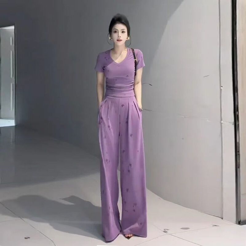 Purple Casual Sports Suit for Women, Summer 2026 New Fashion, Age-Reducing Short-Sleeved Wide-Leg Pants, Ice Silk Two-Piece Set, Trendy