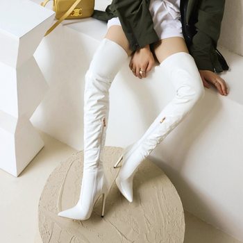 2022 autumn and winter new red white stiletto high heels patent leather over-the-knee boots fashionable women's boots large size fashion boots