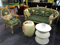 American oak frame fabric sofa European carved leisure high back printing sofa Studio French living room furniture