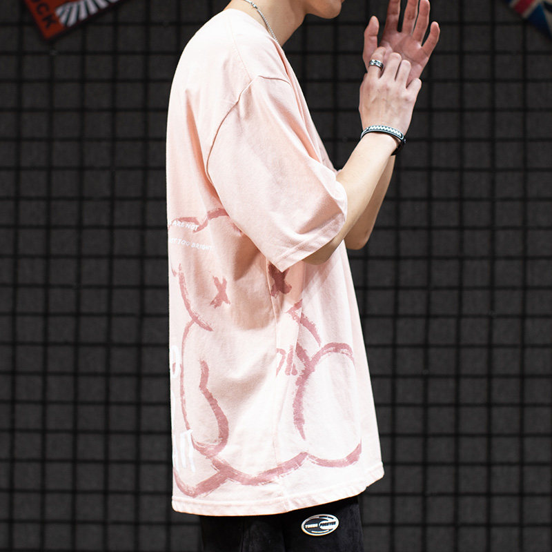 Summer Japanese Harajuku style European and American Tide brand hand-painted Bear cartoon graffiti short sleeve T-shirt men's loose half sleeve shirt