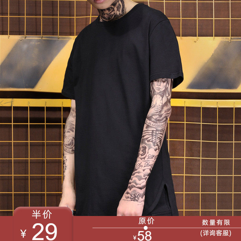 Europe and the United States dark high Street National tide in the long version of the arc hem short-sleeved T-shirt Hip-hop hip-hop dance bboy solid color inner jacket