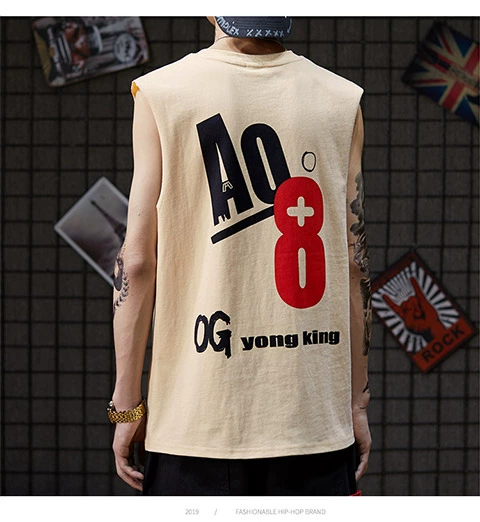 Áo vest nam mùa hè 2019 in chữ cotton cổ tròn phiên bản Hàn Quốc áo thun không tay vest vest ngang vai - Áo vest cotton áo ghi lê