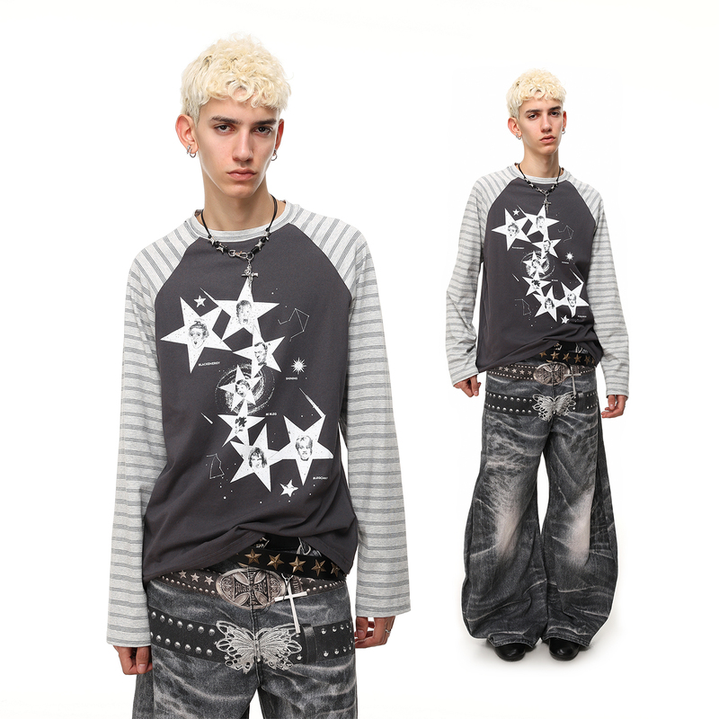Trend St American Retro Striped Patchwork Raglan Long-Sleeve T-Shirt for Men and Women Early Autumn Star Color-Blocking Print Top