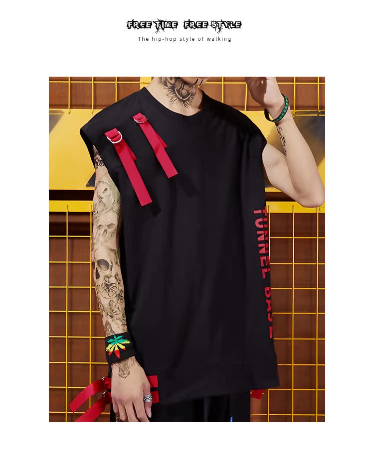 Ruy băng đỏ với áo hoodie rộng rãi mồ hôi vest hip hop đường phố khiêu vũ tối cao đường phố thủy triều không tay áo thun nam áo thể dục chấm com