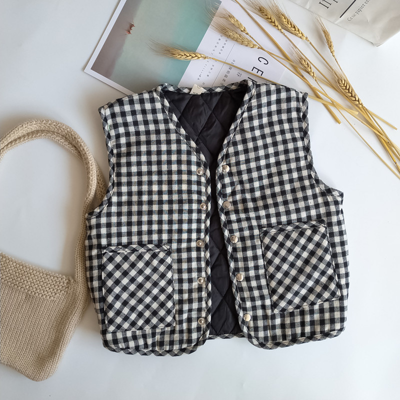 Autumn and winter day Department Black and white checkered cotton waistcoat male and female child retro art Thickening Vest Children minimalist Shoulder Tide