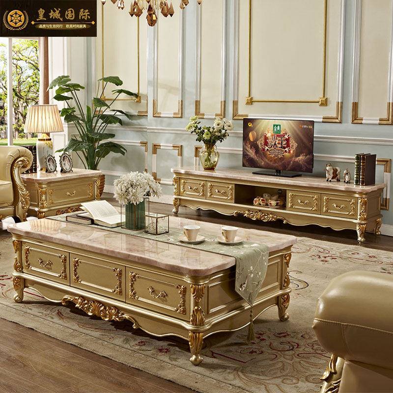 Eurostyle TV cabinet Tea Table Combo Living Room Marble Solid Wood TV Cabinet Real Size Family Champagne Gold Lockers-Taobao