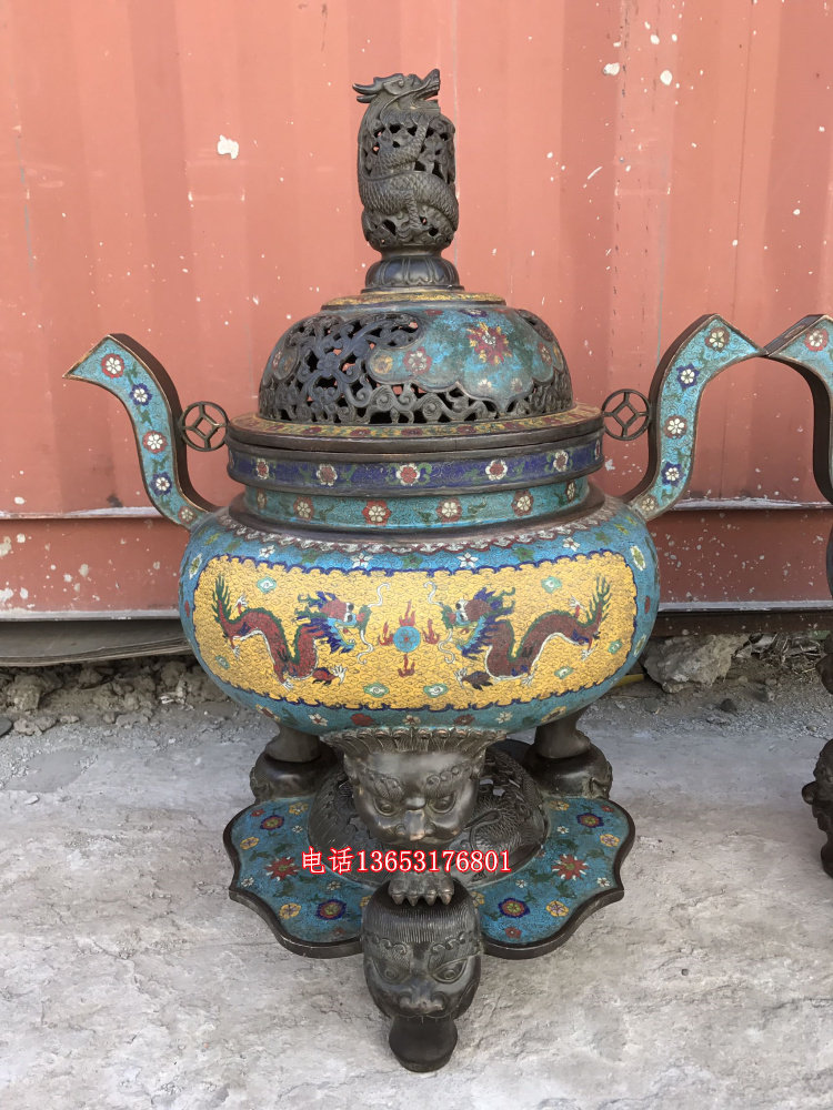 景泰蓝香炉紫铜胎掐丝珐琅彩纯铜二龙戏珠香炉摆件大号寺庙供佛-淘宝