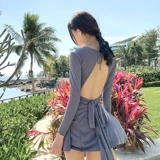 Брендовый купальник, ремень, милый лонгслив, с открытой спиной, V-образный вырез, по фигуре