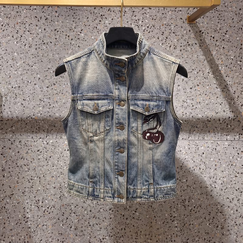 Shenzhen Nanyou High-End Women's Clothing 2026 Summer New American Retro Washed Vintage Stand Collar Denim Vest Top