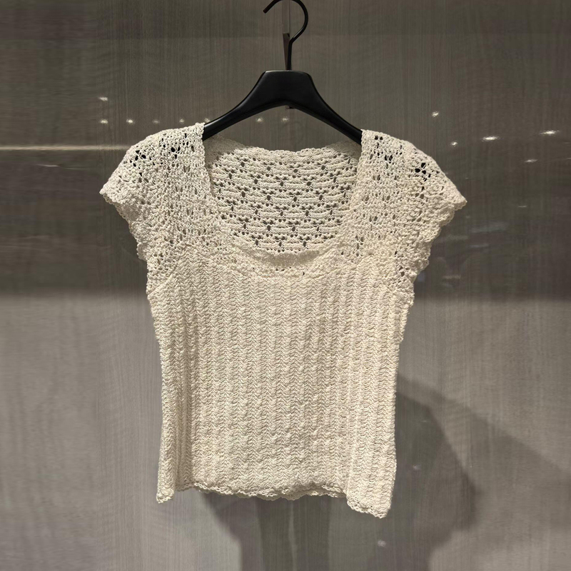 In Stock】Shenzhen Nanyou High-End Women's Clothing 2026 Summer French Crochet Hollow-Out Slim-Fit Knit Sweater T-Shirt Top In Stock】Shenzhen Nanyou High-End Women's Clothing 2026 Summer French Crochet Hollow-Out Slim-Fit Knit Sweater T-Shirt Top