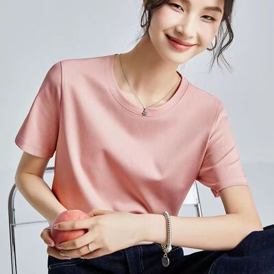 高级感100%丝光纯棉V领短袖T恤女宽松显瘦纯色正肩体恤新疆棉上衣
