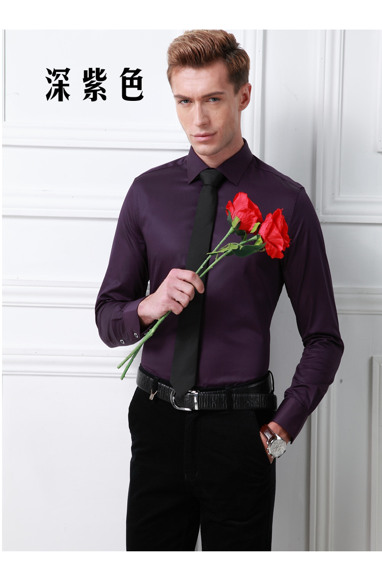 Áo sơ mi nam bằng vải cotton dài tay cotton dụng cụ chú rể Áo cưới nam màu tím đậm kho báu màu xanh đỏ áo bông - Áo quần tây áo sơ mi