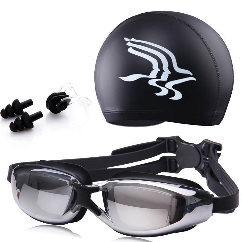 New PU waterproof long hair care ear swimming cap waterproof anti-fog myopia casual flat light swimming goggles male and female universal