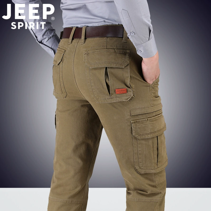 Jeep JEEP mùa xuân và mùa thu cotton nguyên chất dày overalls nam hàng đầu lỏng lẻo ngoài trời nhiều túi giản dị quần dài - Quần tây thường